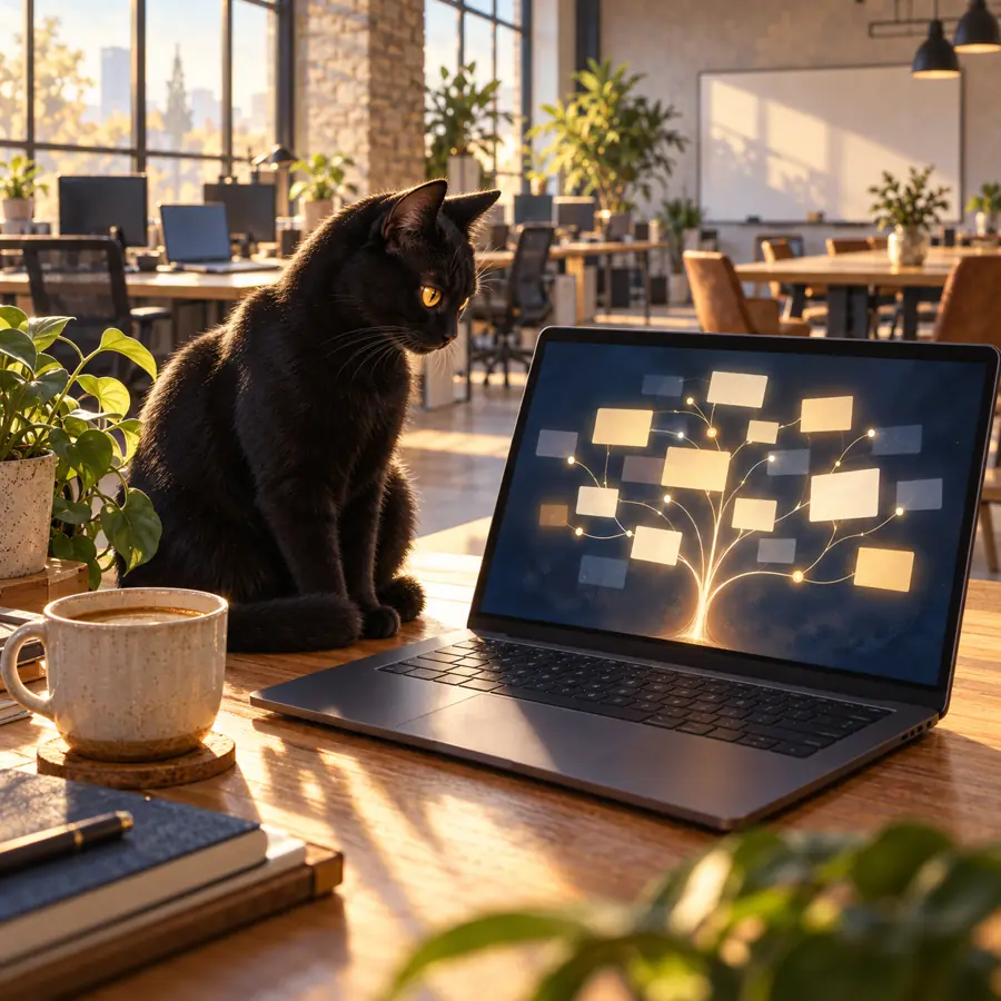 朝の机。ノートパソコンの横に黒猫が座り、画面の仕事の一覧を見ている